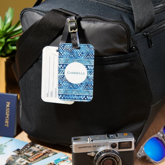 アクアブルーホワイトトライバルストライプドット ラゲッジタグ (正面&裏面)