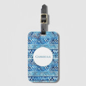アクアブルーホワイトトライバルストライプドット ラゲッジタグ (正面縦)