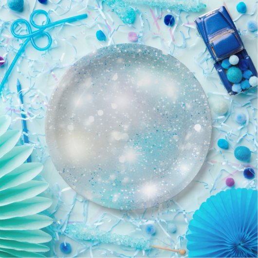 アクアブルーホワイト《写真》ぼけ味誕生日 ペーパープレート (パーティー)