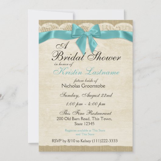 アクアブルーボウアンドレースブライダルシャワー 招待状 (正面)