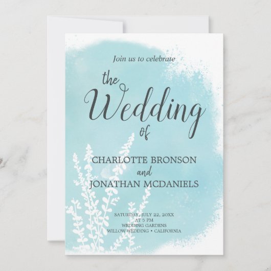 アクアブルーボタニカルウォッシュズ結婚ーズ 招待状 (正面)