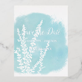 アクアブルーボタニカルウォーターカラーワッシュ  フォイル招待状 箔招待状ポストカード