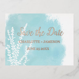 アクアブルーボタニカルウォーターカラーワッシュ 箔招待状ポストカード