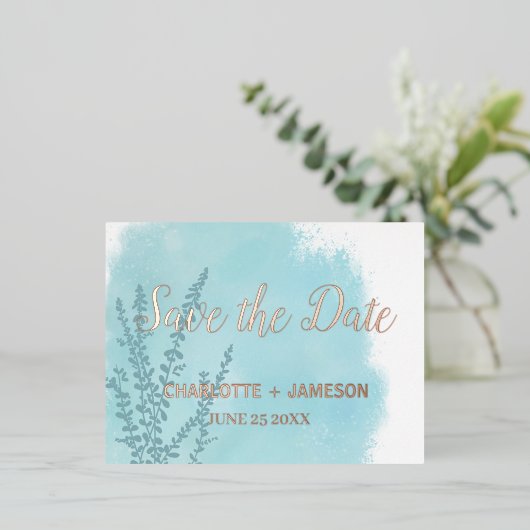 アクアブルーボタニカルウォーター洗剤 箔招待状ポストカード (立ち正面)