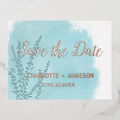 アクアブルーボタニカルウォーター洗剤 箔招待状ポストカード (正面)