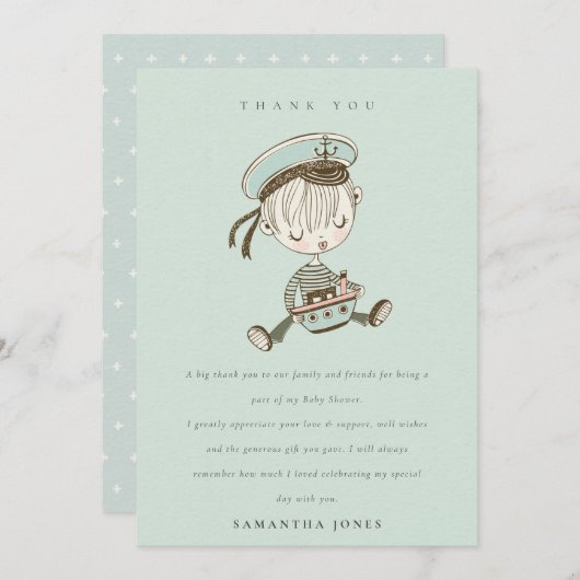 アクアブルーボーイズ小さなセーラー航海のベビーシャワー サンキューカード (正面/裏面)