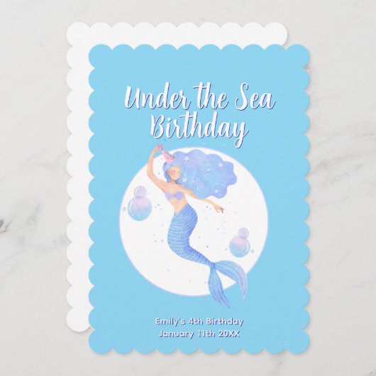 アクアブルーマーメイドテーマ子供の誕生日パーティー 招待状 (正面/裏面)