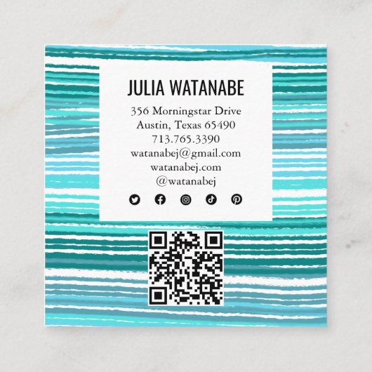 アクアブルーミニマルストライプリストQRソーシャルメディア スクエア名刺 (裏面)