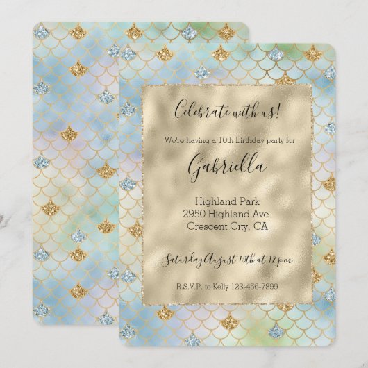 アクアブルーミントゴールドグリッター・マーメイド 招待状 (正面/裏面)
