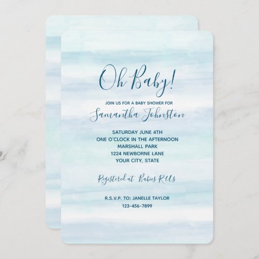 アクアブルーミントホワイトウォーターストライプカラーグラデーション 招待状 (正面/裏面)