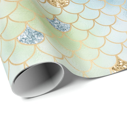 アクアブルーミント金ゴールドグリッターマーメイド ラッピングペーパー (ロールコーナー)