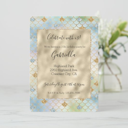 アクアブルーミント金ゴールドグリッターマーメイド 招待状 (スタンド正面)