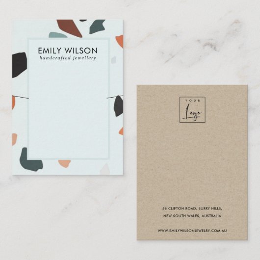 アクアブルーラストグリーンテラゾバンドネックレスディスプレイ 名刺 (正面/裏面)