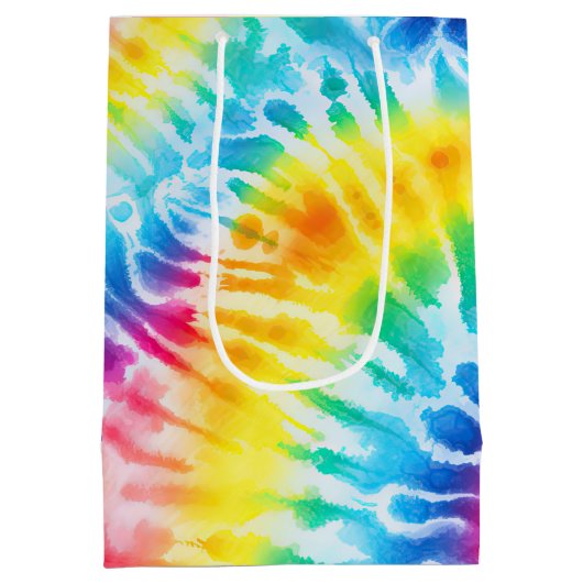 アクアブルーレッドイエローオレンジ絞り染め誕生日 ミディアムペーパーバッグ (裏面)