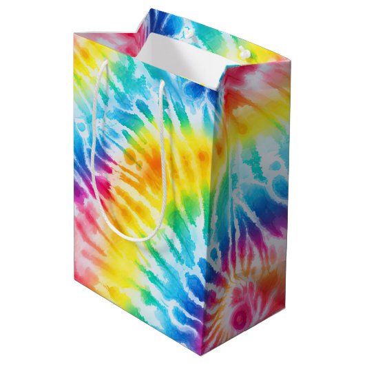 アクアブルーレッドイエローオレンジ絞り染め誕生日 ミディアムペーパーバッグ (裏面アングル)