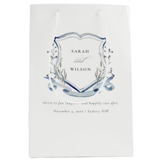 アクアブルーワイルドフラワーウォータークレスト結婚ズ ミディアムペーパーバッグ (正面)