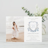 アクアブルーワイルドフラワーモノグラムクレストフォト誕生日 招待状 (スタンド正面)