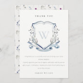 アクアブルーワイルドフラワーモノグラムクレストブライダルシャワー サンキューカード (正面/裏面)