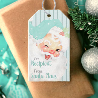 アクアブルーヴィンテージウィンキングサンタクロースクリスマス ギフトタグ