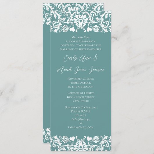 アクアブルーヴィンテージモダンダマスクウェディング招待状 招待状 (正面/裏面)