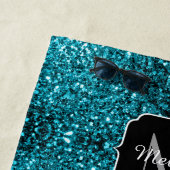 アクアブルー光沢フェイクグリッタースパークルスモノグラム ビーチタオル (インサイチュ)