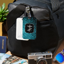 アクアブルー光沢フェイクグリッタースパークルスモノグラム ラゲッジタグ