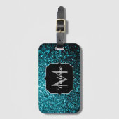 アクアブルー光沢フェイクグリッタースパークルスモノグラム ラゲッジタグ (正面縦)