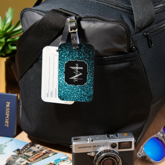 アクアブルー光沢フェイクグリッタースパークルスモノグラム ラゲッジタグ (正面&裏面)