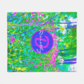 アクアブルー印象派の庭園風景 フリースブランケット (正面(横))