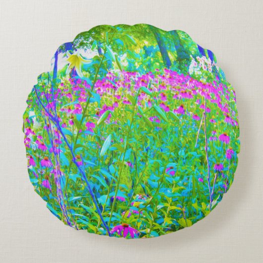 アクアブルー印象派の庭園風景 ラウンドクッション (正面)