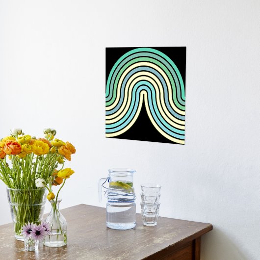 アクアブルー抽象芸術ウェーブラインアートパターン金ゴールド 箔ポスター (レイダウン (キッチン))