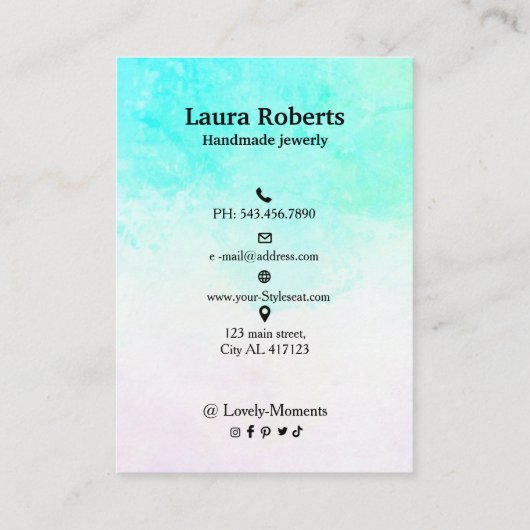 アクアブルー抽象芸術ウォーターカラースタッドイヤリング 名刺 (裏面)