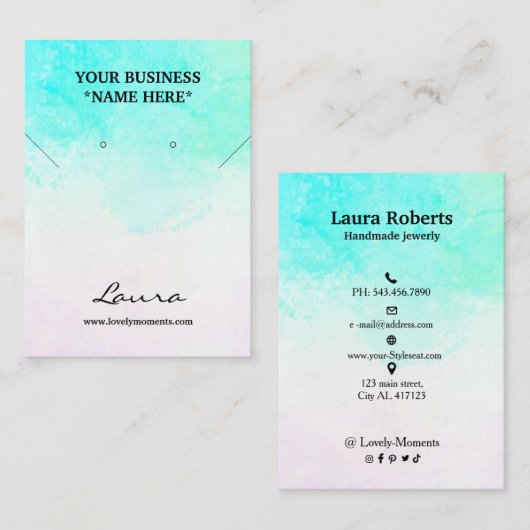 アクアブルー抽象芸術ウォーターカラースタッドイヤリング 名刺 (正面/裏面)