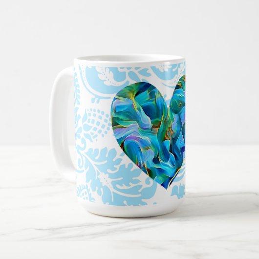 アクアブルー抽象芸術ハートヴィンテージマグカップ コーヒーマグカップ (正面左)