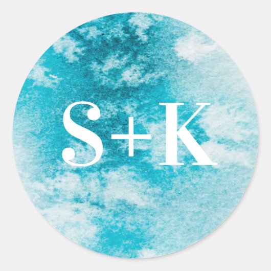アクアブルー水彩イニシャル結婚式用シール ラウンドシール (正面)