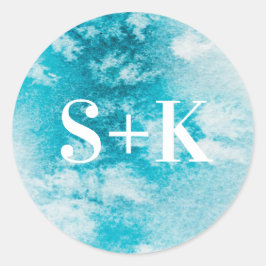 アクアブルー水彩イニシャル結婚式用シール ラウンドシール