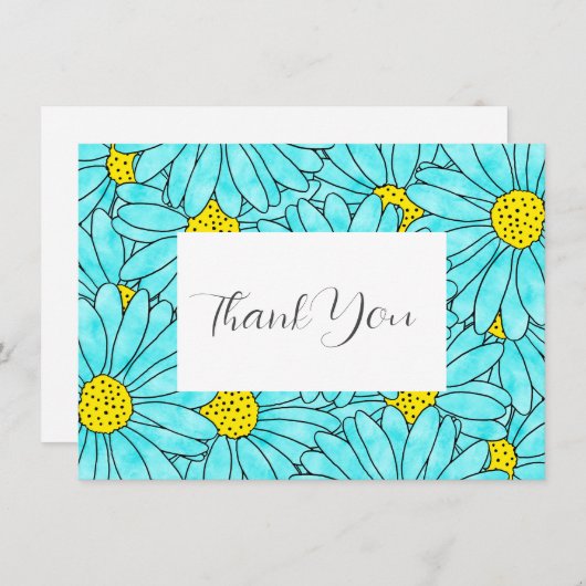 アクアブルー水彩デイジー模様 サンキューカード (正面/裏面)