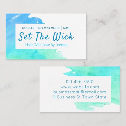 アクアブルー水彩手作りの大豆メルトキャンドル石鹸 名刺 (正面/裏面)