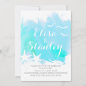 アクアブルー水彩星魚ビーチ結婚式 招待状 (正面)