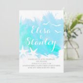 アクアブルー水彩星魚ビーチ結婚式 招待状 (スタンド正面)