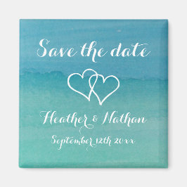 アクアブルー水彩結婚式は、日付の磁石を保存 マグネット