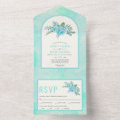 アクアブルー水彩花アーチフローラ結婚ズ オールインワン招待状 (内側)