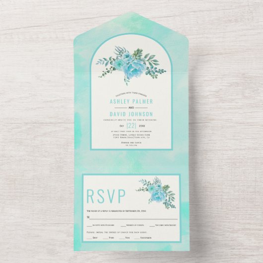 アクアブルー水彩花アーチフローラ結婚ズ オールインワン招待状 (内側)