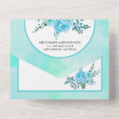 アクアブルー水彩花アーチフローラ結婚ズ オールインワン招待状 (裏面)