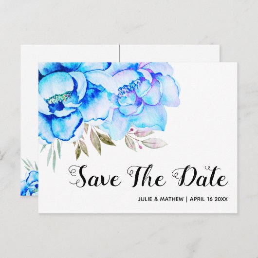 アクアブルー水彩花フローラ保存日 ポストカード (正面/裏面)