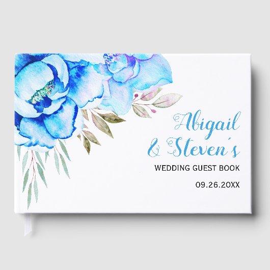 アクアブルー水彩花フローラ結婚ズ ゲストブック (正面)