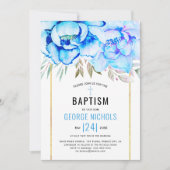 アクアブルー水色の花フローラ少年バプテスマ 招待状 (正面)
