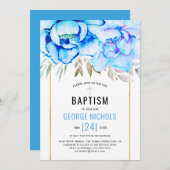 アクアブルー水色の花フローラ少年バプテスマ 招待状 (正面/裏面)