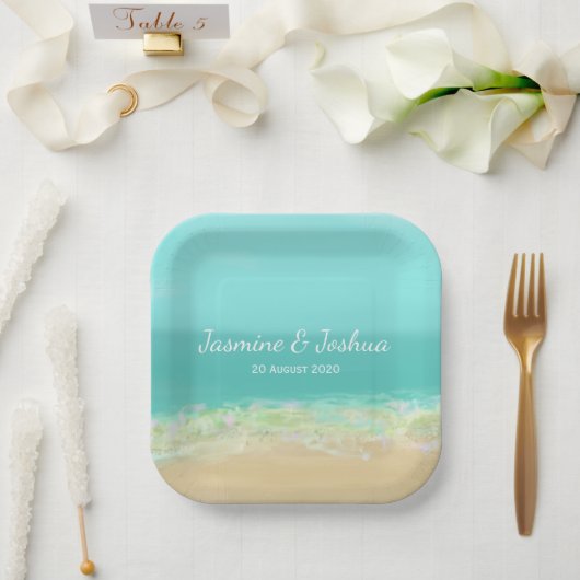 アクアブルー水色彩の鮮やか/ビーチ海岸 ペーパープレート (ウェディング)