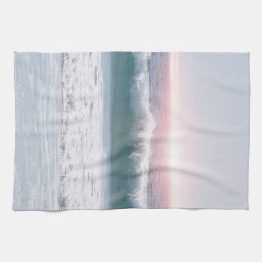 アクアブルー海ウェーブサンセットアートキッチン キッチンタオル (横)